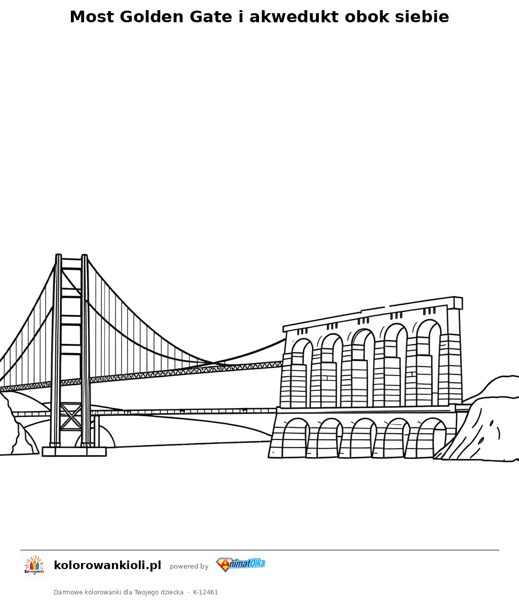 Most Golden Gate i akwedukt obok siebie — kolorowanka do wydruku dla dzieci
