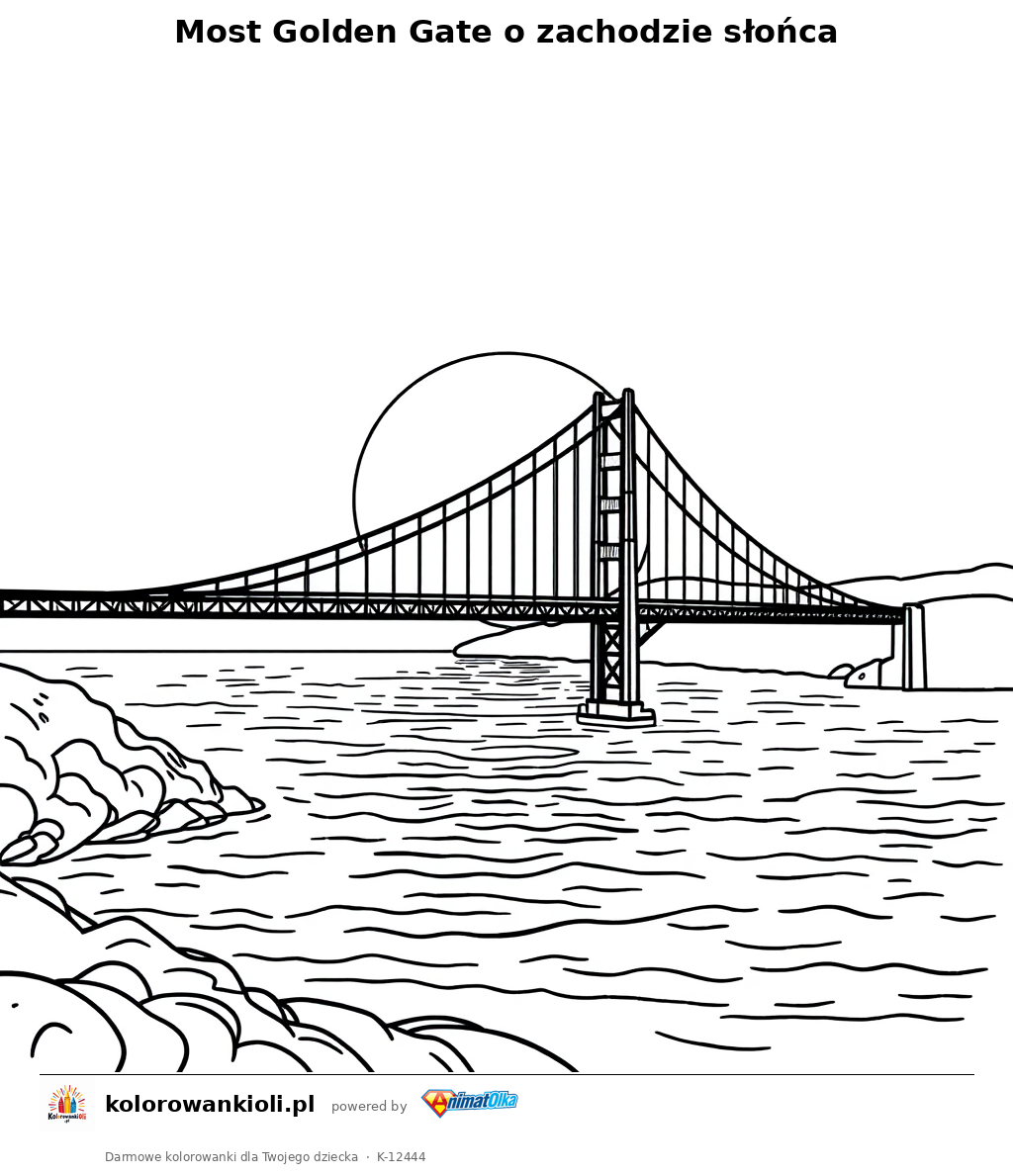 Most Golden Gate o zachodzie slonca — kolorowanka do wydruku dla dzieci