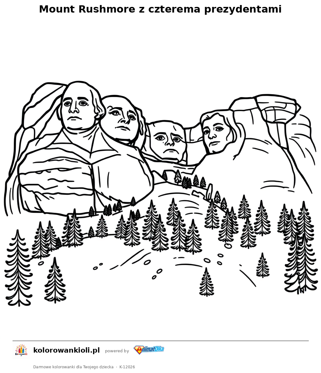 Mount Rushmore z czterema prezydentami — kolorowanka do wydruku dla dzieci