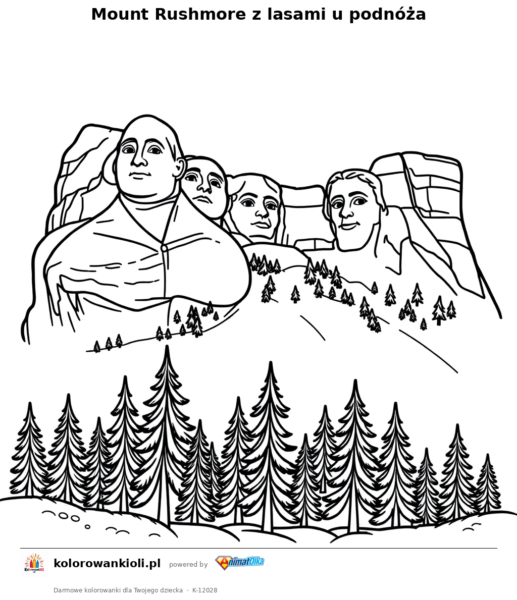 Mount Rushmore z lasami u podnoza — kolorowanka do wydruku dla dzieci