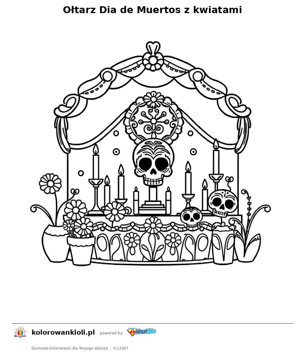 Oltarz Dia de Muertos z kwiatami — kolorowanka do wydruku dla dzieci