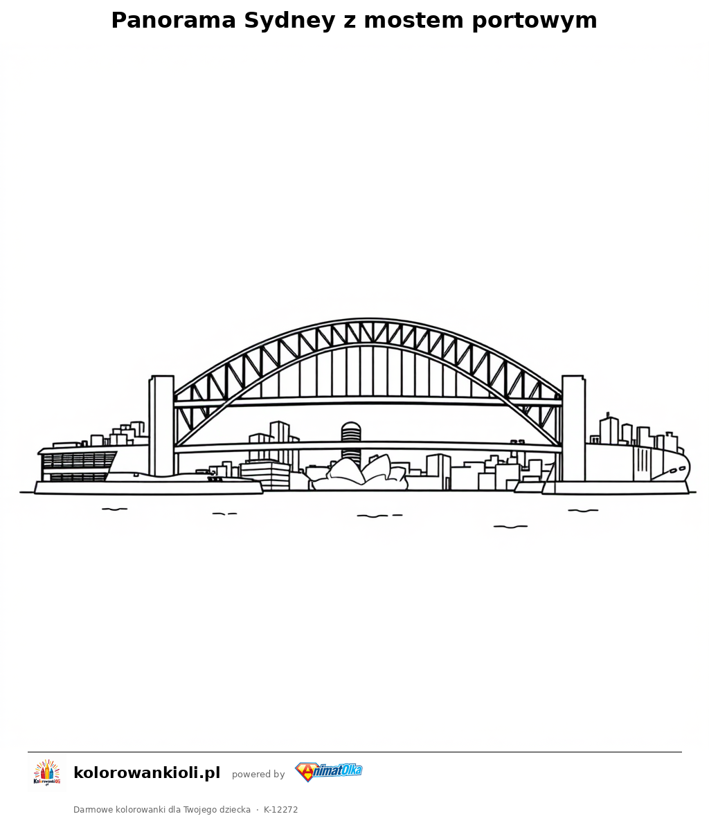 Panorama Sydney z mostem portowym — kolorowanka do wydruku dla dzieci