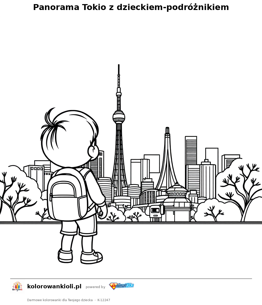Panorama Tokio z dzieckiem-podroznikiem — kolorowanka do wydruku dla dzieci