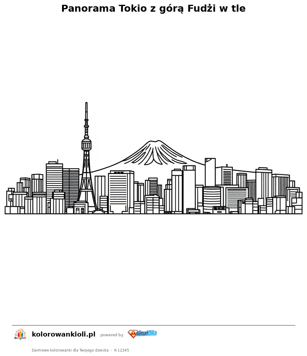 Panorama Tokio z gora Fudzi w tle — kolorowanka do wydruku dla dzieci