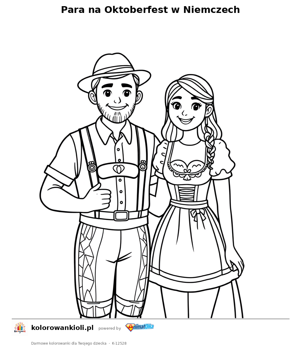 Para na Oktoberfest w Niemczech — kolorowanka do wydruku dla dzieci