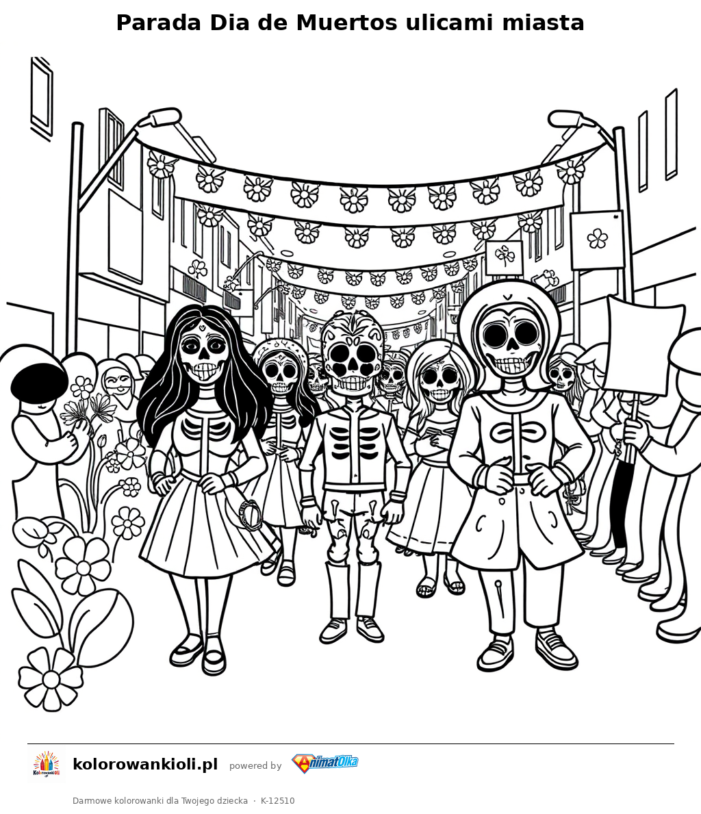 Parada Dia de Muertos ulicami miasta — kolorowanka do wydruku dla dzieci