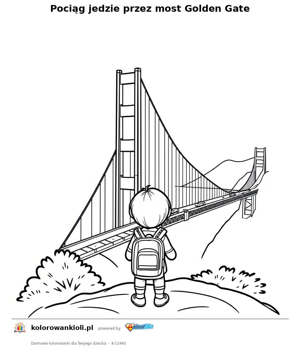Pociag jedzie przez most Golden Gate — kolorowanka do wydruku dla dzieci