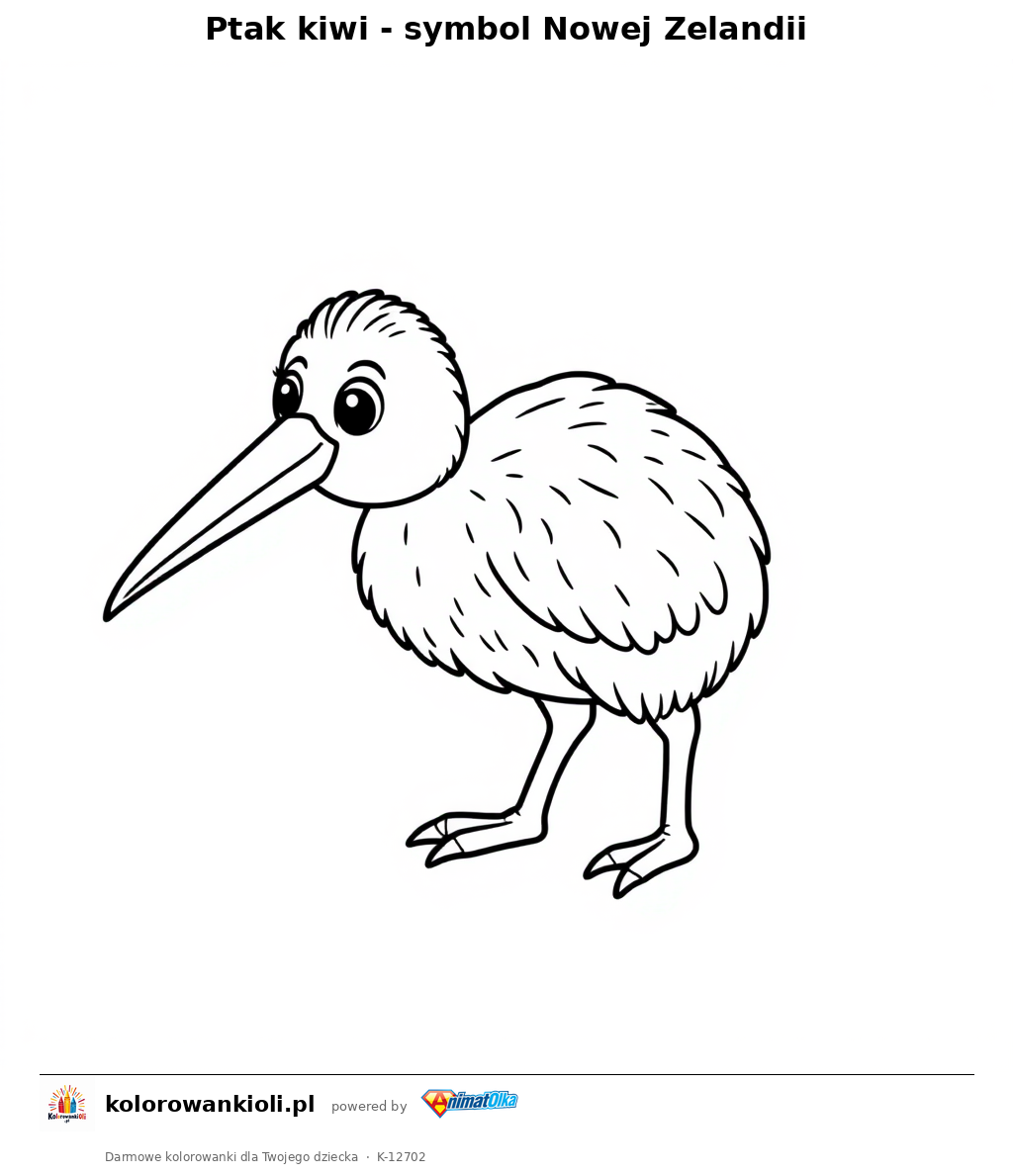 Ptak kiwi - symbol Nowej Zelandii — kolorowanka do wydruku dla dzieci