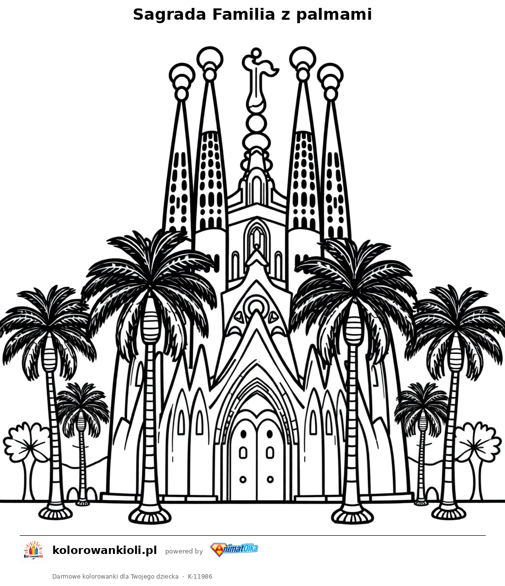 Sagrada Familia z palmami — kolorowanka do wydruku dla dzieci