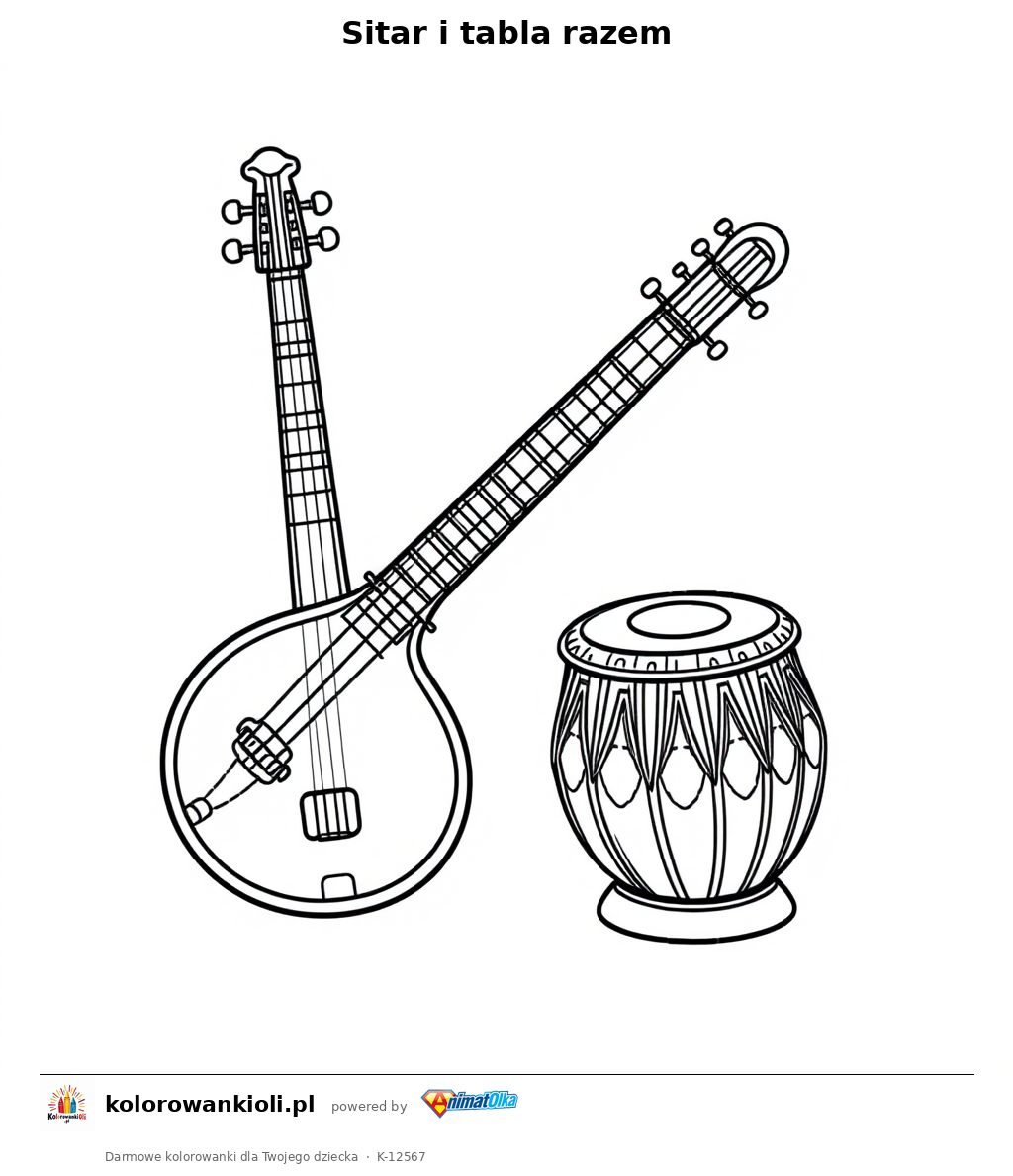 Sitar i tabla razem — kolorowanka do wydruku dla dzieci
