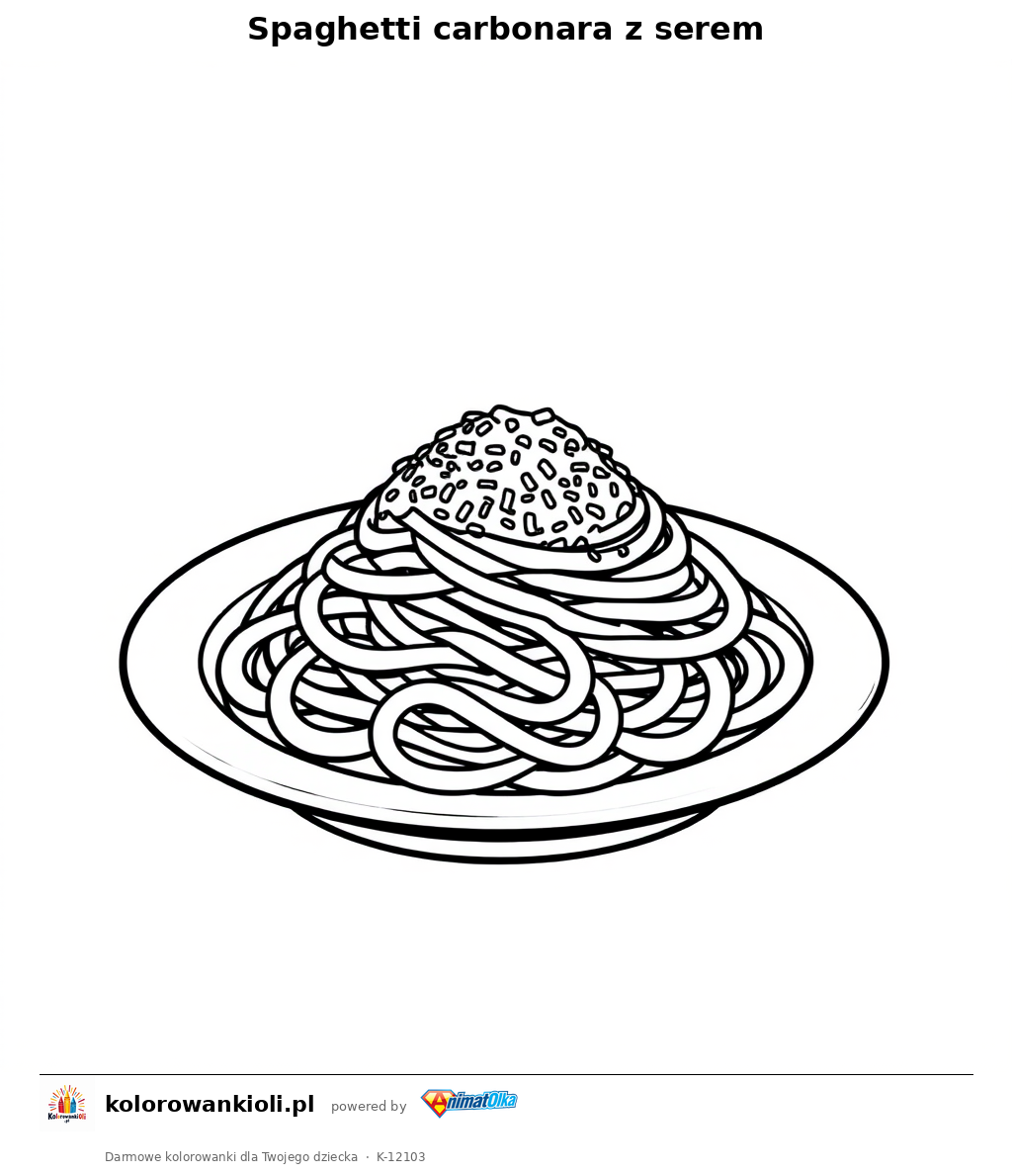 Spaghetti carbonara z serem — kolorowanka do wydruku dla dzieci