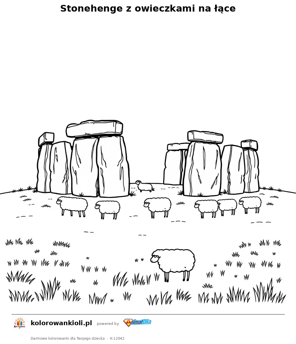 Stonehenge z owieczkami na lace — kolorowanka do wydruku dla dzieci