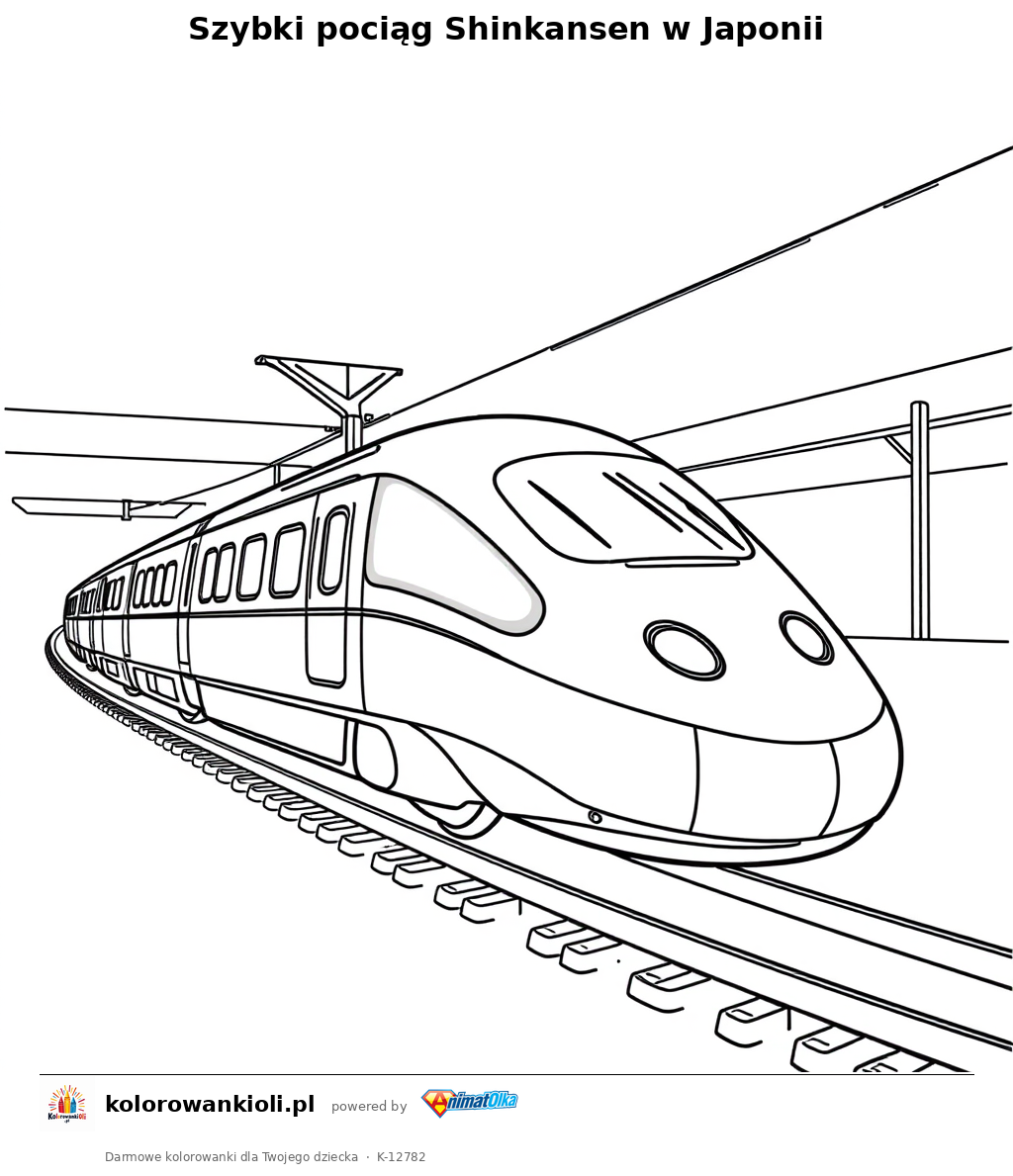 Szybki pociąg Shinkansen w Japonii — kolorowanka do wydruku dla dzieci