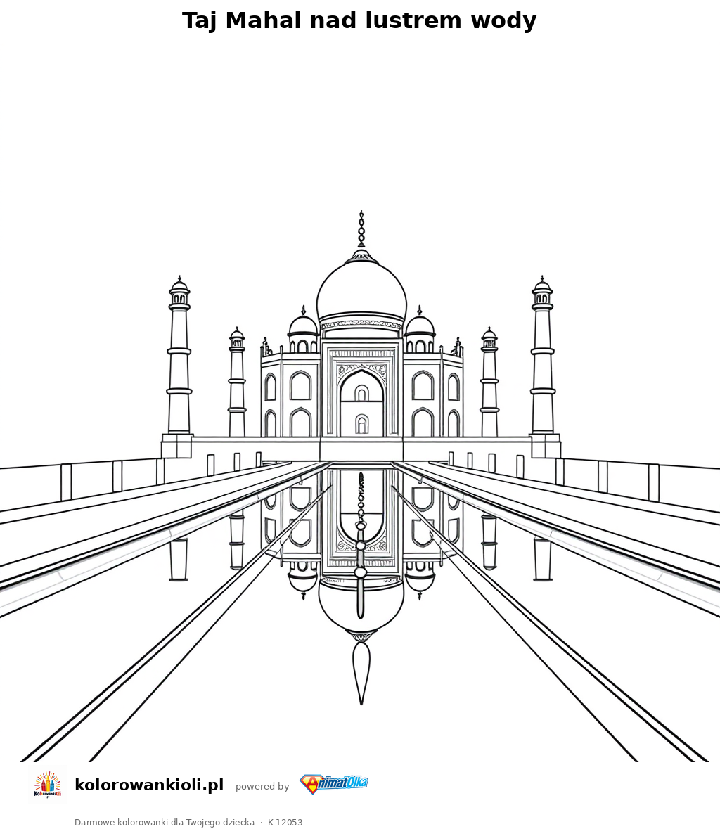 Taj Mahal nad lustrem wody — kolorowanka do wydruku dla dzieci