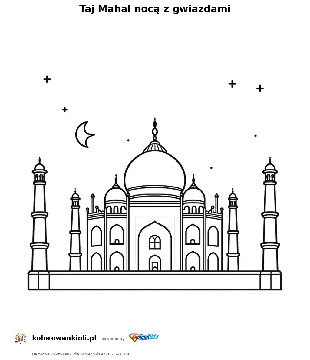 Kolorowanka — Taj Mahal nocą z gwiazdami