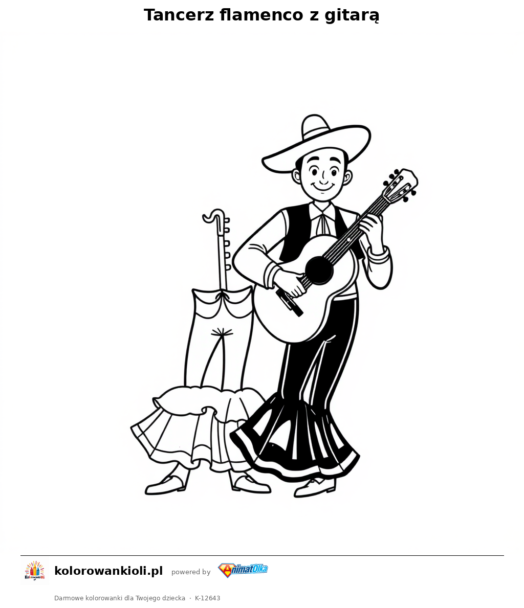 Tancerz flamenco z gitarą — kolorowanka do wydruku dla dzieci