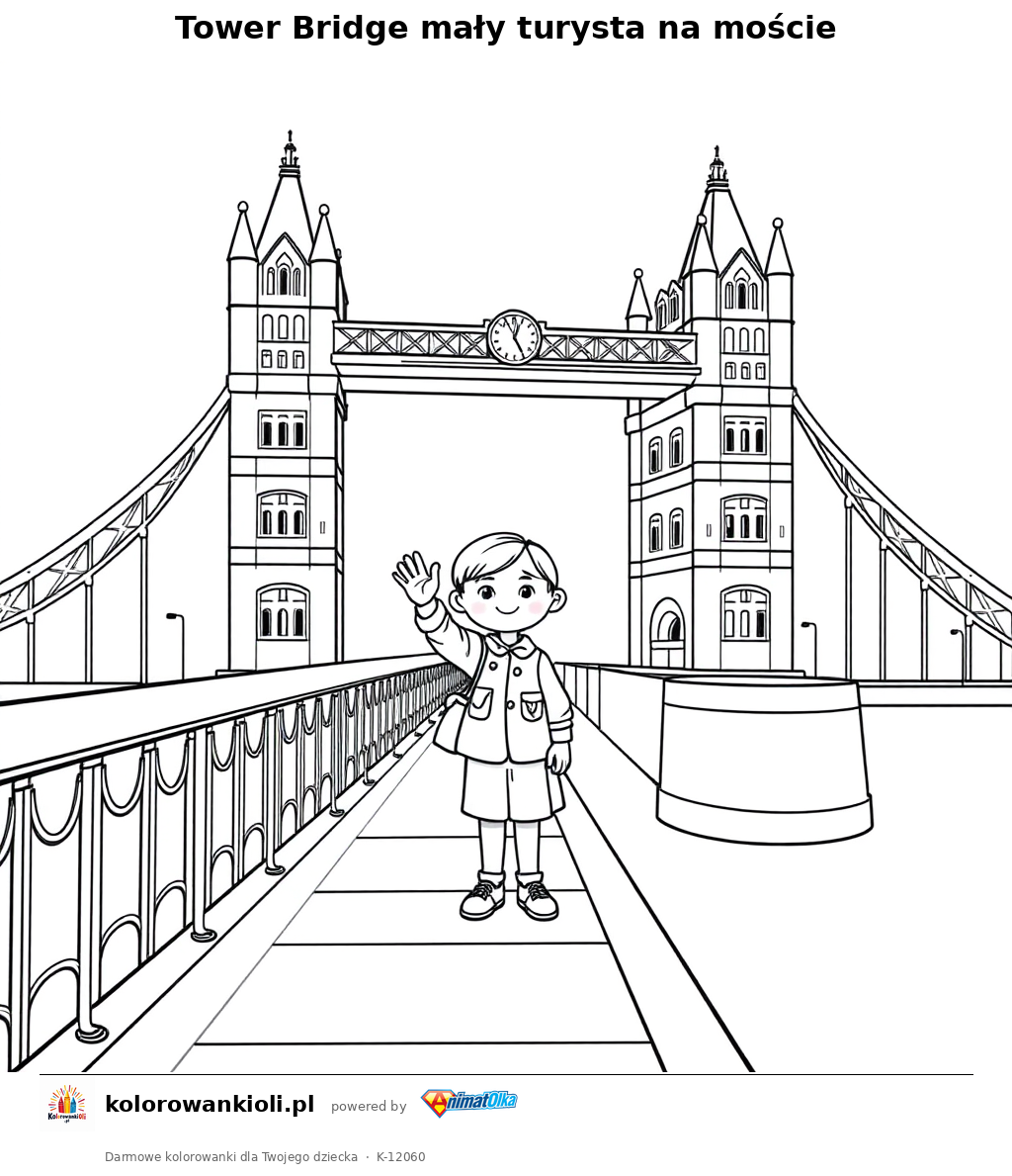 Tower Bridge maly turysta na moscie — kolorowanka do wydruku dla dzieci