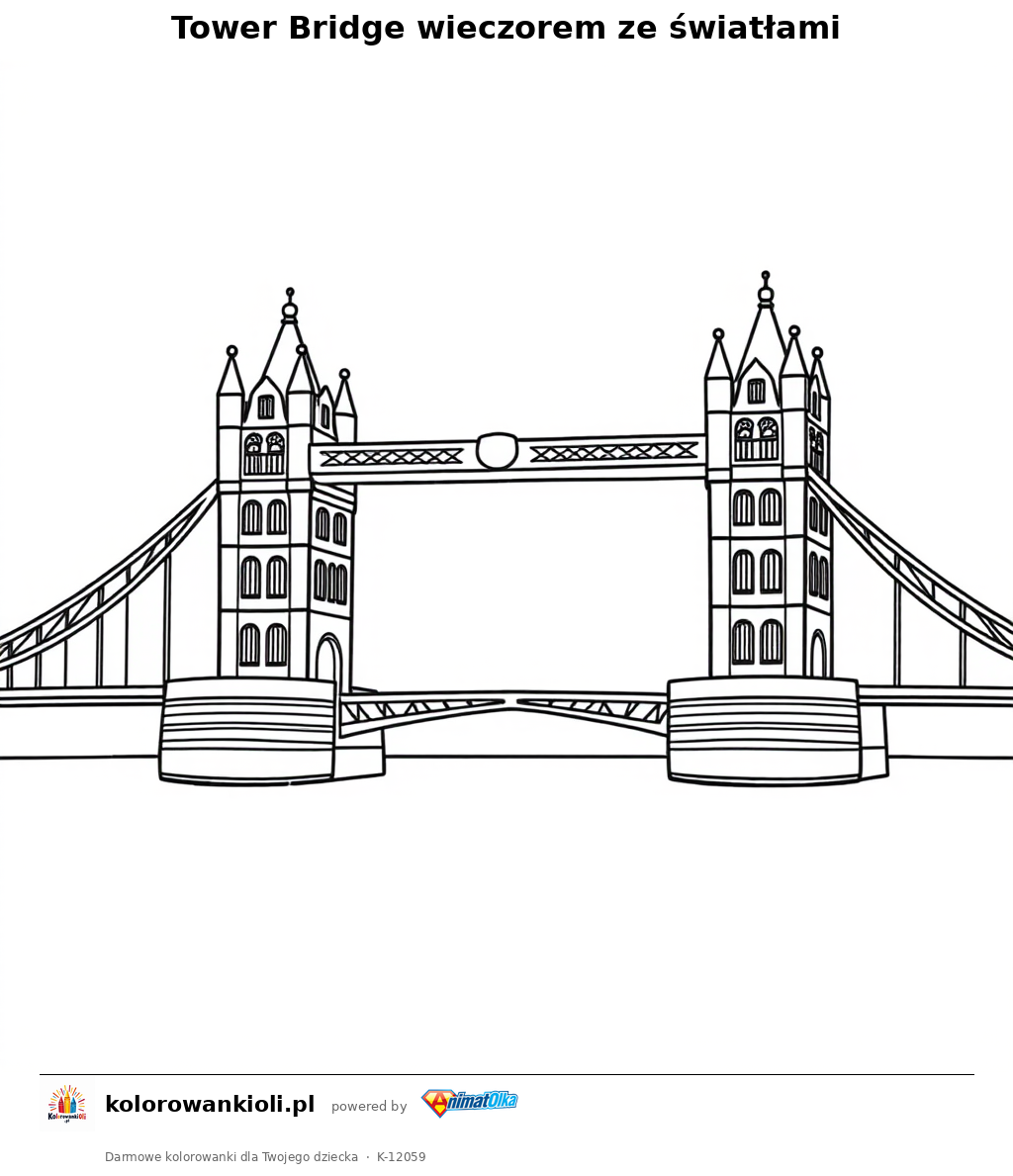 Tower Bridge wieczorem ze swiatlami — kolorowanka do wydruku dla dzieci