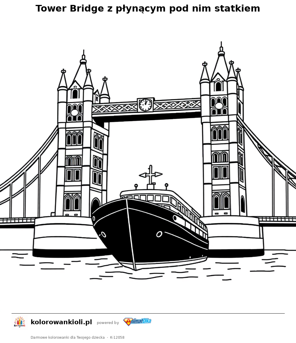 Tower Bridge z plynacym pod nim statkiem — kolorowanka do wydruku dla dzieci