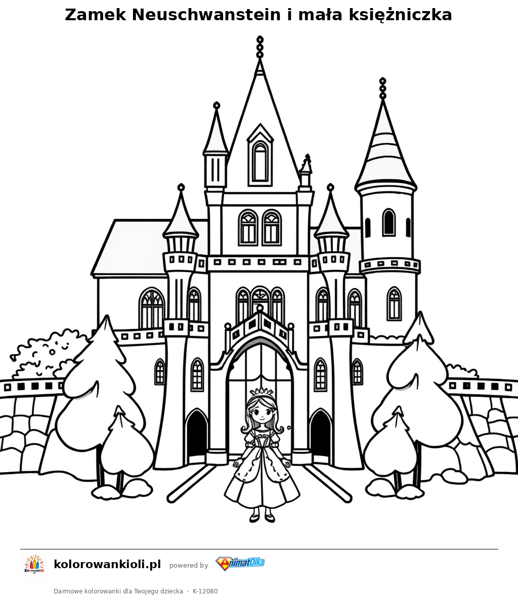 Zamek Neuschwanstein i mała księżniczka — kolorowanka do wydruku dla dzieci