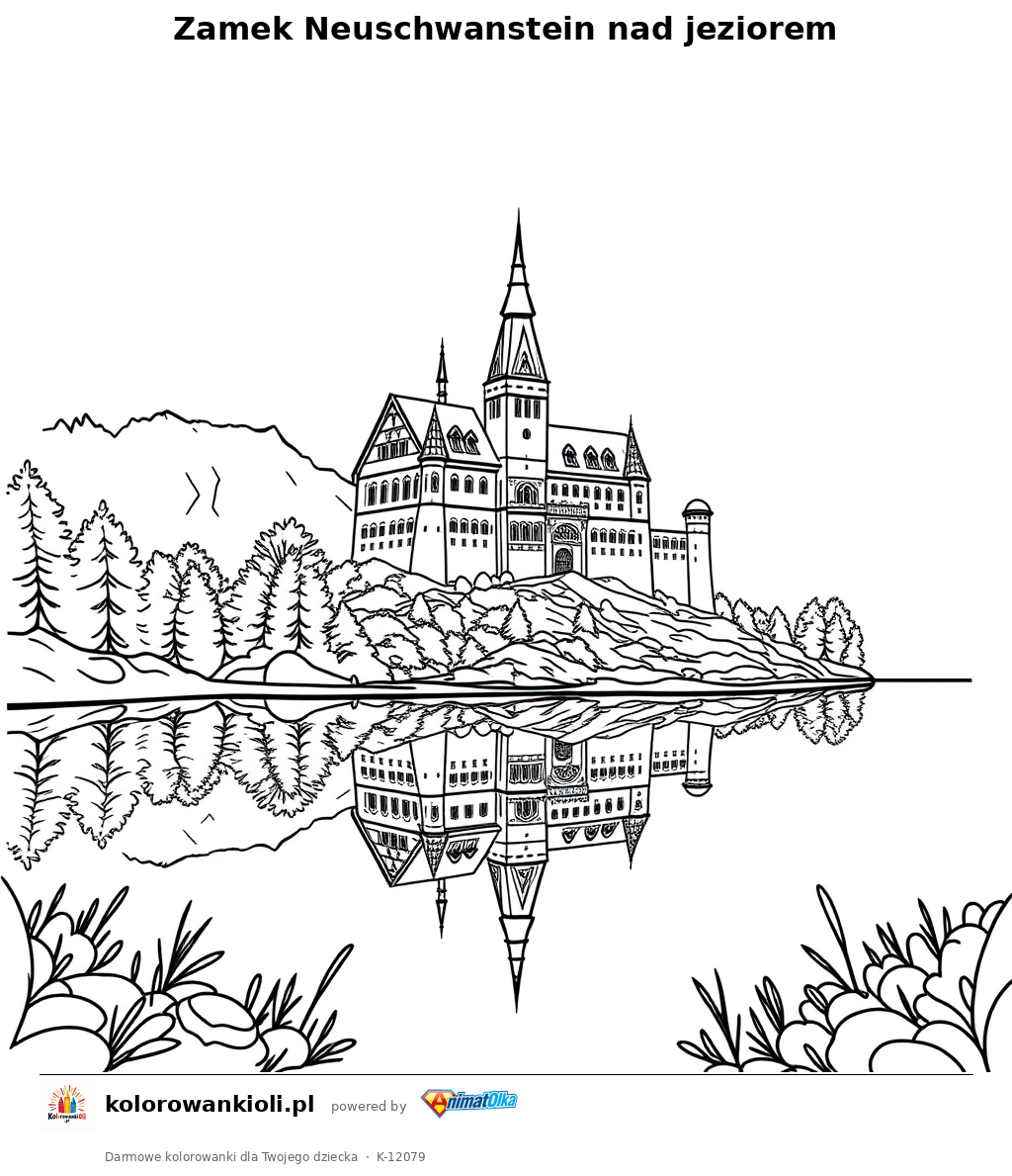 Zamek Neuschwanstein nad jeziorem — kolorowanka do wydruku dla dzieci