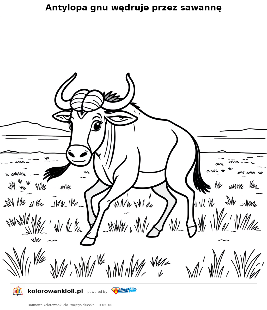 Antylopa gnu wędruje przez sawannę — kolorowanka do wydruku dla dzieci