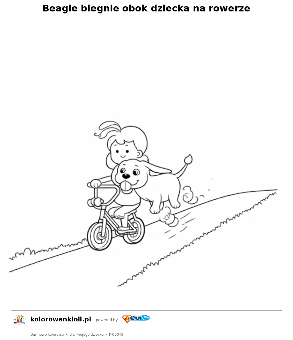 Kolorowanka — Beagle biegnie obok dziecka na rowerze