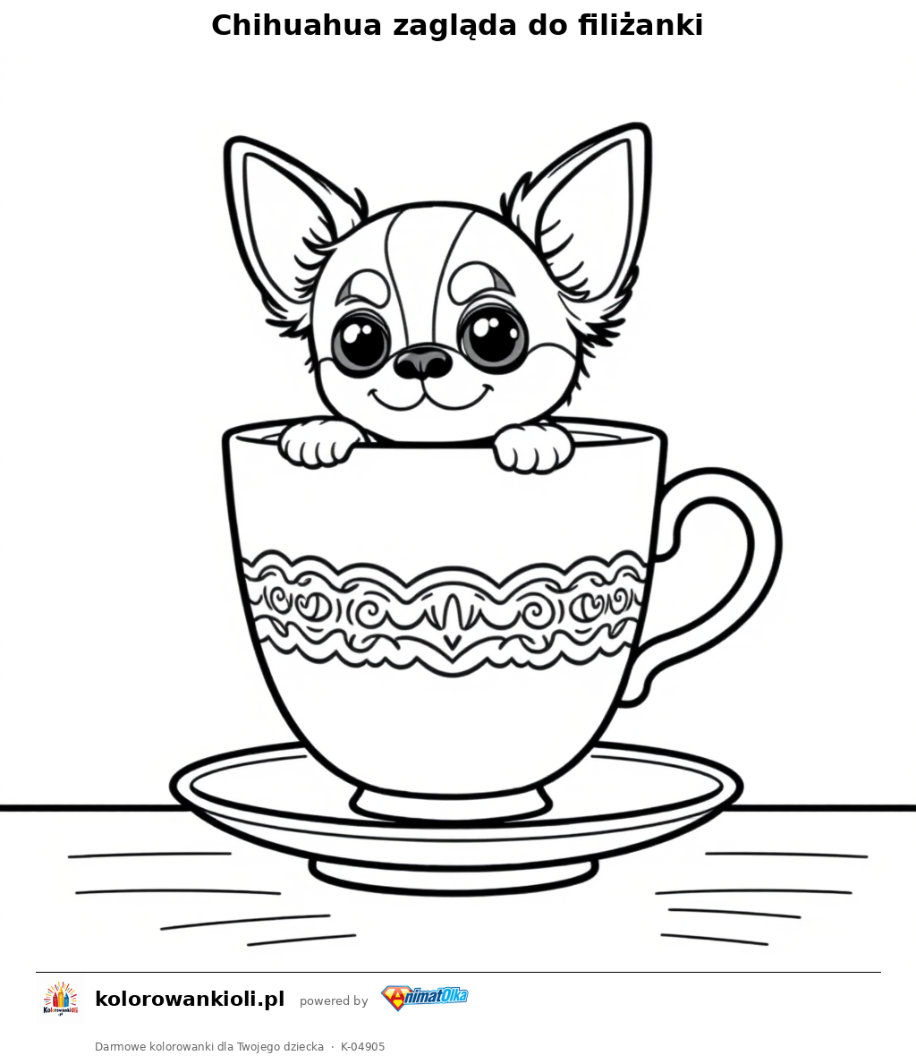Chihuahua zagląda do filiżanki — kolorowanka do wydruku dla dzieci