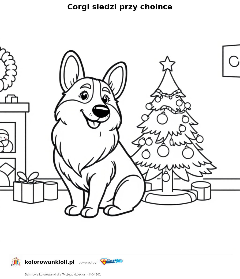 Corgi siedzi przy choince — kolorowanka do wydruku dla dzieci
