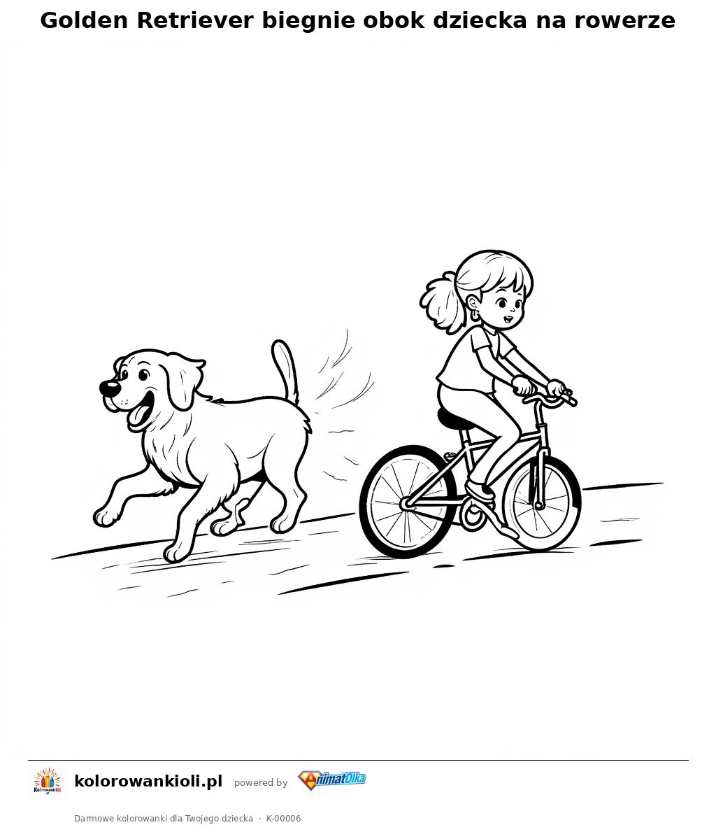 Kolorowanka — Golden Retriever biegnie obok dziecka na rowerze