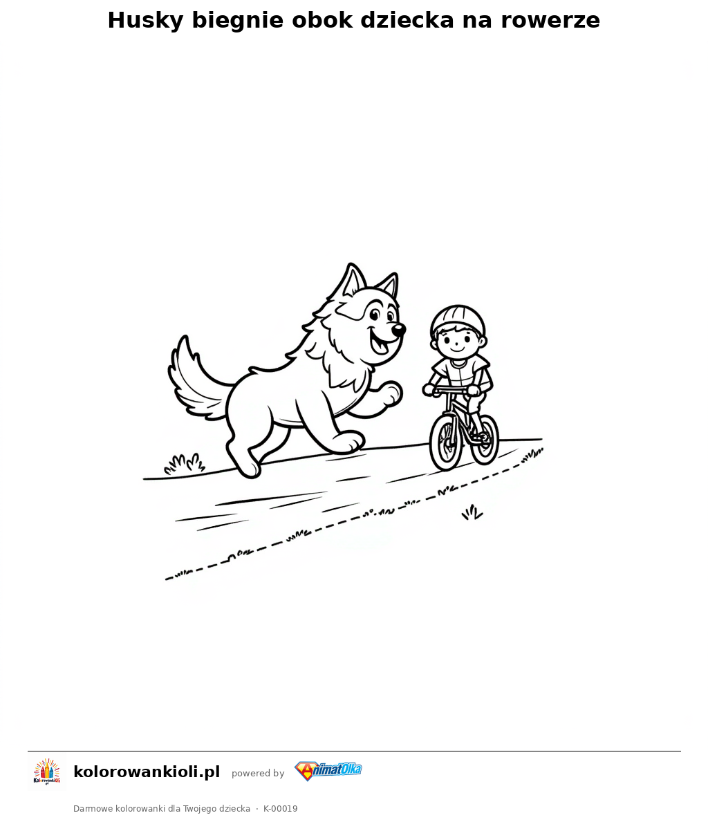 Kolorowanka — Husky biegnie obok dziecka na rowerze