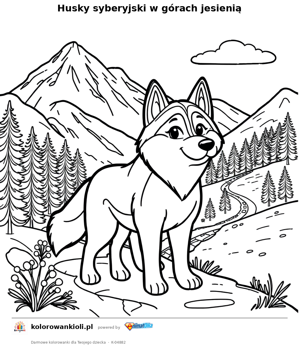 Husky syberyjski w górach jesienią — kolorowanka do wydruku dla dzieci