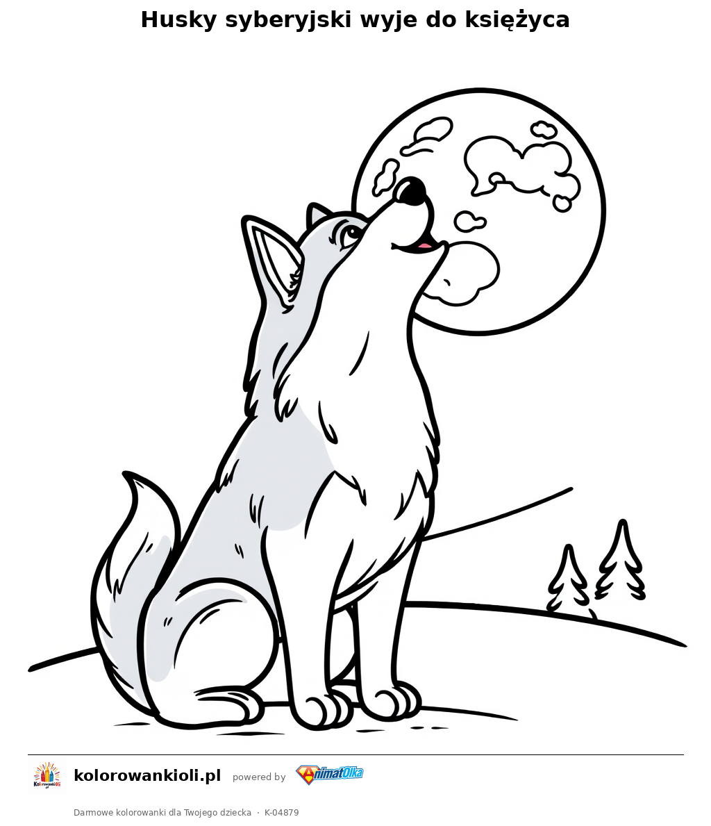 Husky syberyjski wyje do księżyca — kolorowanka do wydruku dla dzieci