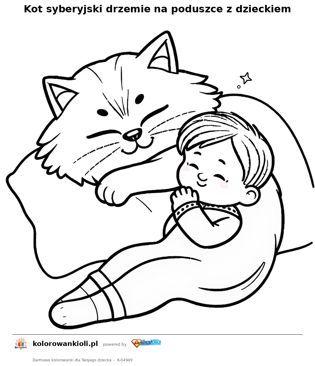 Kot syberyjski drzemie na poduszce z dzieckiem — kolorowanka do wydruku dla dzieci