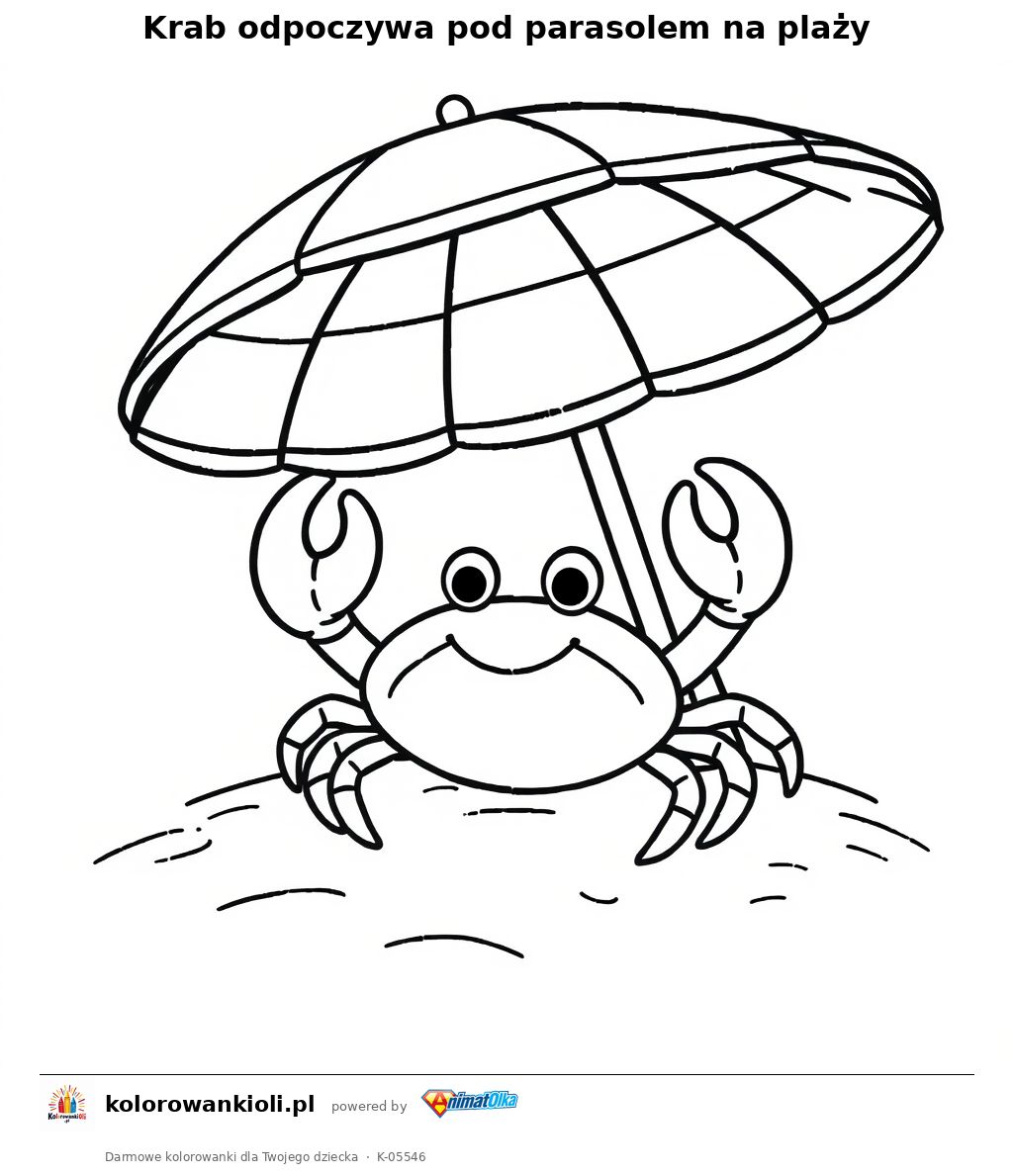 Krab odpoczywa pod parasolem na plaży — kolorowanka do wydruku dla dzieci