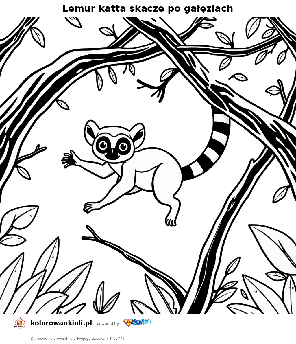 Lemur katta skacze po gałęziach — kolorowanka do wydruku dla dzieci