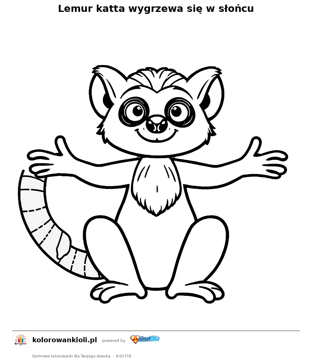 Lemur katta wygrzewa się w słońcu — kolorowanka do wydruku dla dzieci