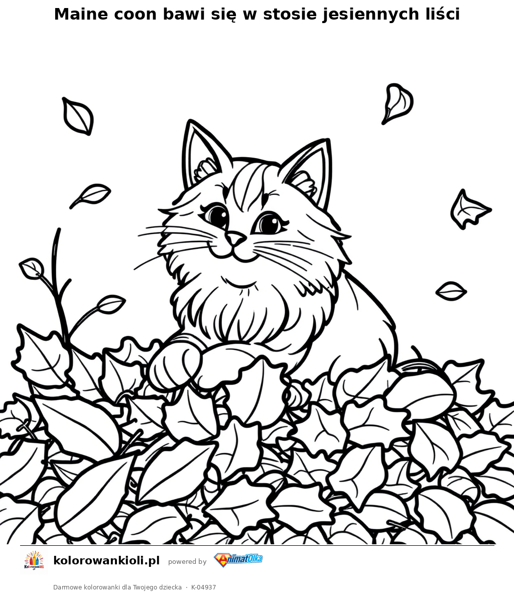 Maine coon bawi się w stosie jesiennych liści — kolorowanka do wydruku dla dzieci