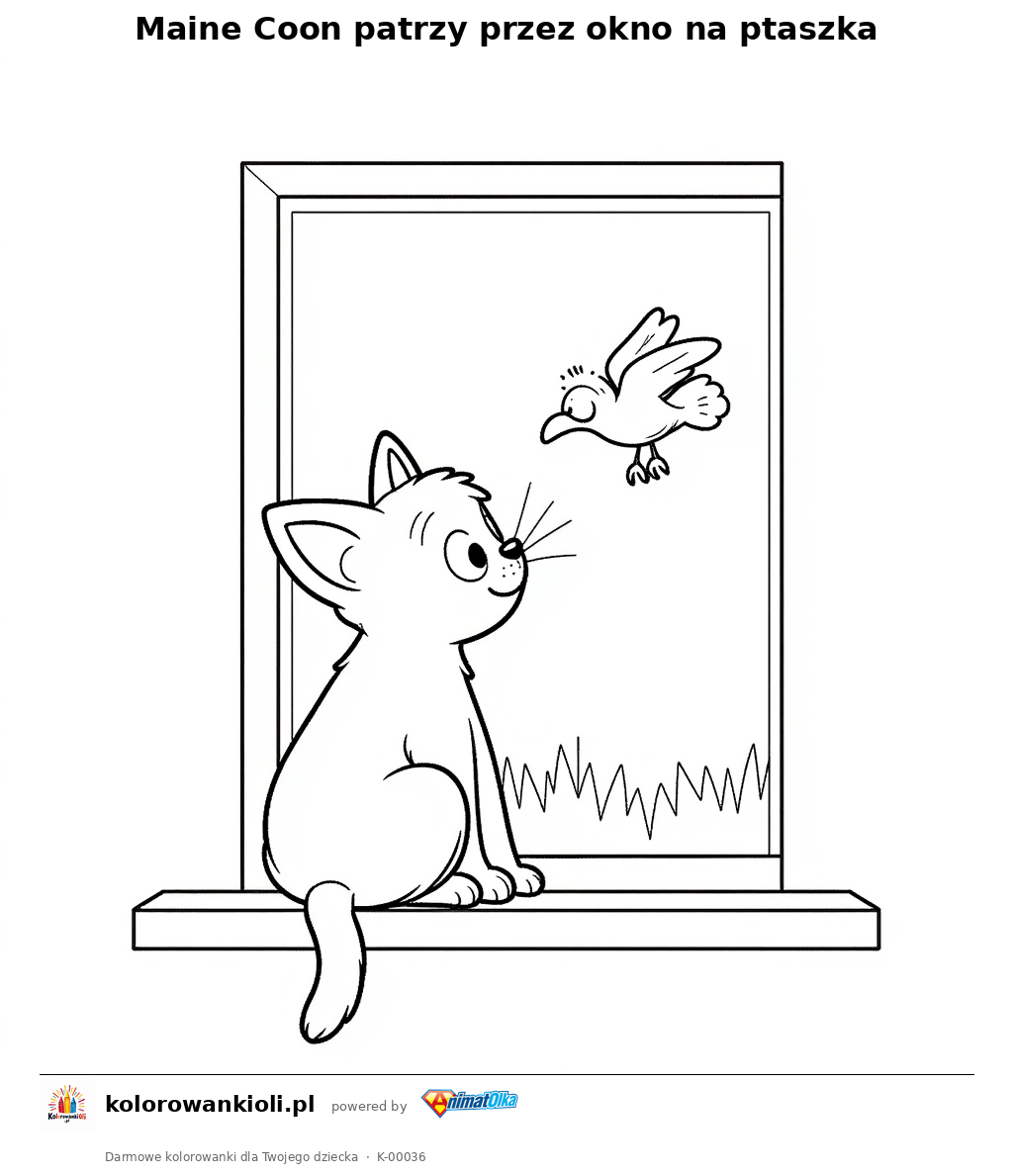 Kolorowanka — Maine Coon patrzy przez okno na ptaszka