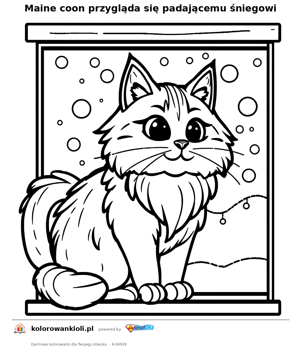 Maine coon przygląda się padającemu śniegowi — kolorowanka do wydruku dla dzieci