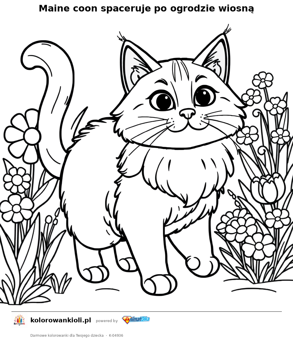 Maine coon spaceruje po ogrodzie wiosną — kolorowanka do wydruku dla dzieci