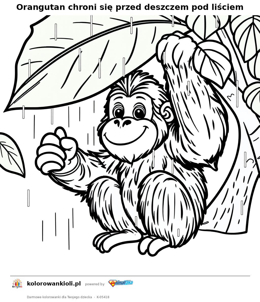 Orangutan chroni się przed deszczem pod liściem — kolorowanka do wydruku dla dzieci
