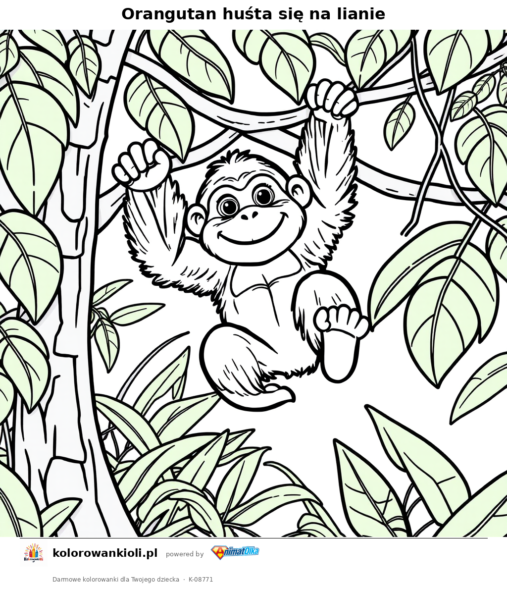 Orangutan huśta się na lianie — kolorowanka do wydruku dla dzieci