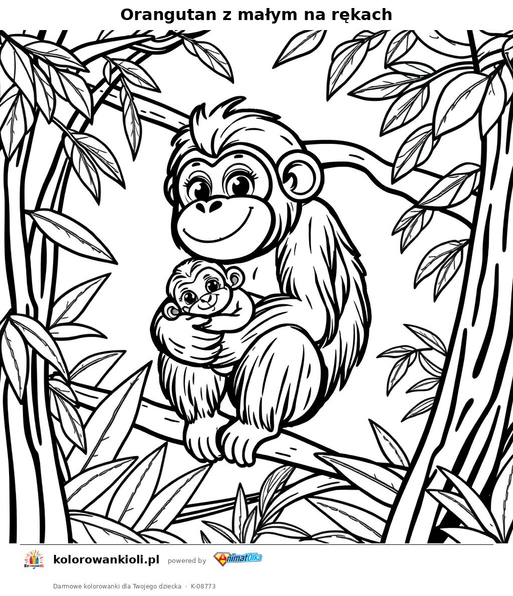 Orangutan z małym na rękach — kolorowanka do wydruku dla dzieci