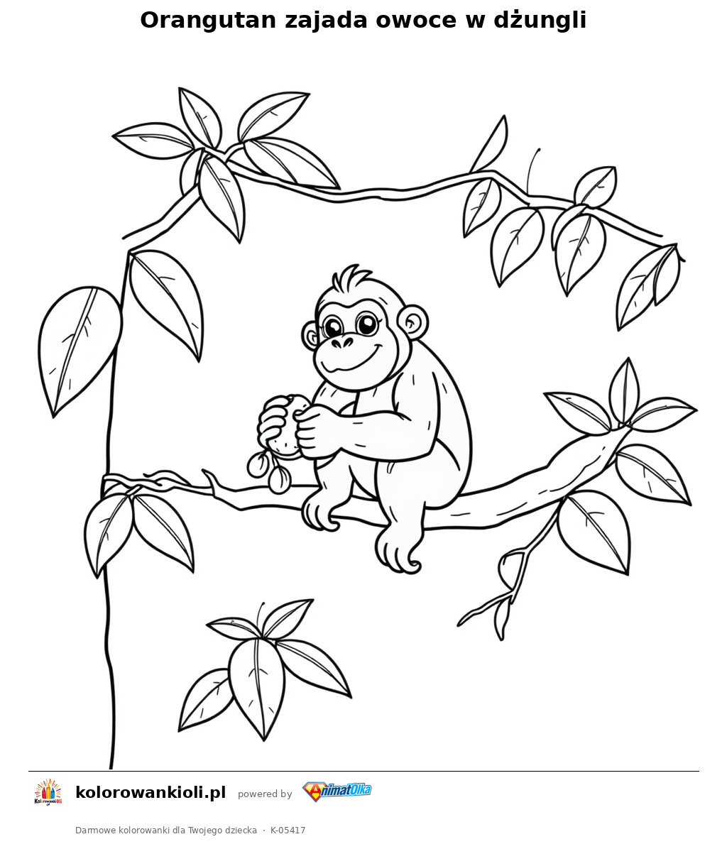 Orangutan zajada owoce w dżungli — kolorowanka do wydruku dla dzieci