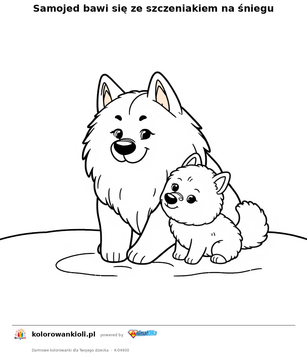 Samojed bawi się ze szczeniakiem na śniegu — kolorowanka do wydruku dla dzieci