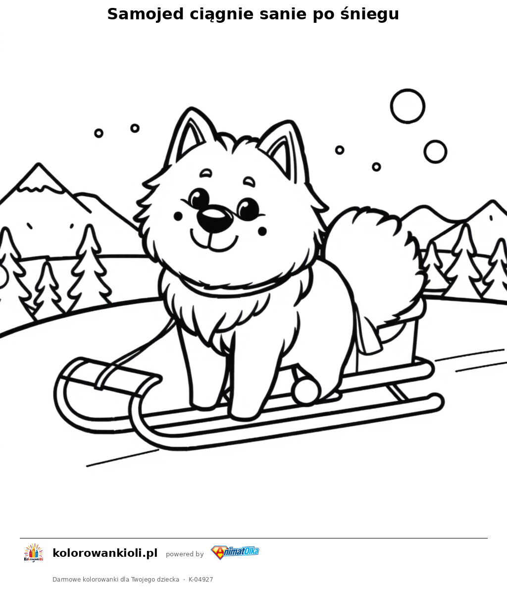 Samojed ciągnie sanie po śniegu — kolorowanka do wydruku dla dzieci