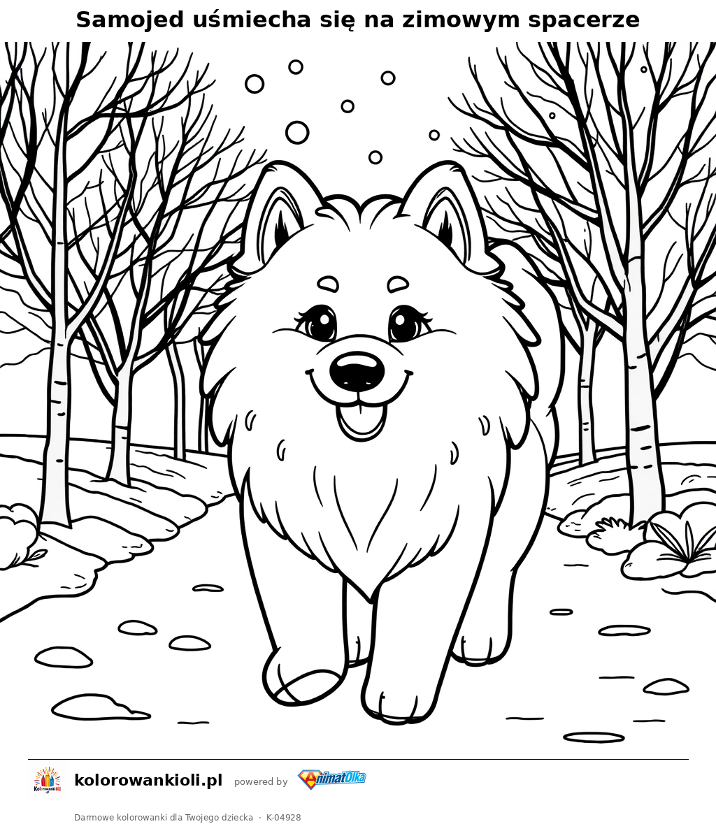 Samojed uśmiecha się na zimowym spacerze — kolorowanka do wydruku dla dzieci
