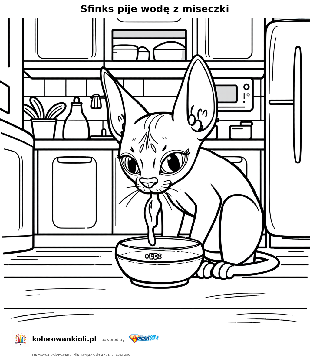 Sfinks pije wodę z miseczki — kolorowanka do wydruku dla dzieci