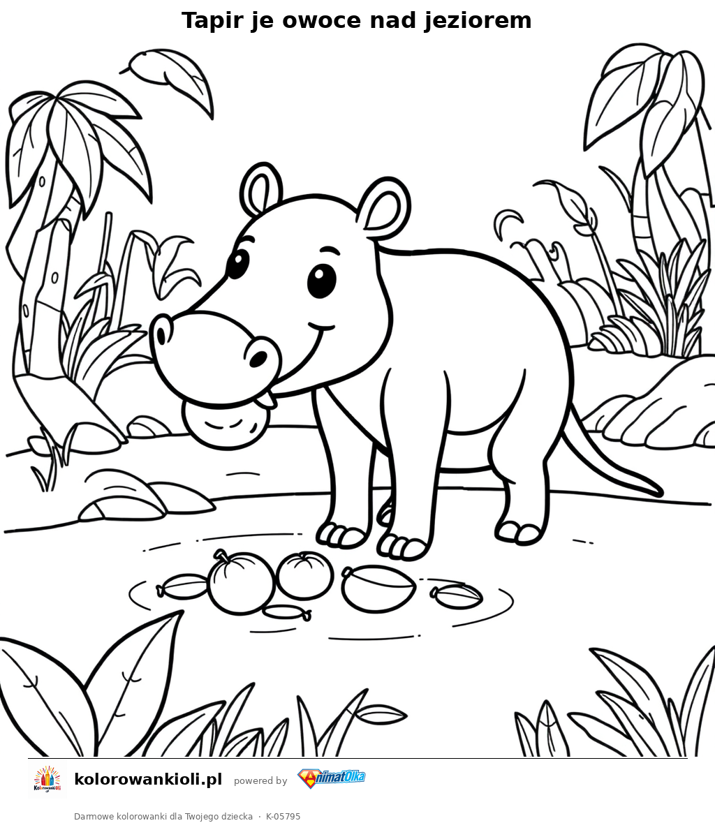 Tapir je owoce nad jeziorem — kolorowanka do wydruku dla dzieci